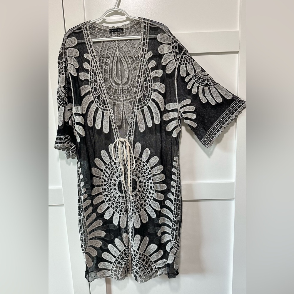 SHEIN Black & White Crochet Lace Kimono Coverup – One Size